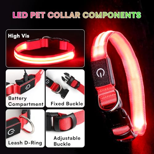 Neon LED Light Up Dog Collar for Night Walking, Rechargeable Safety Glow Illuminated Collar with 3 Modes Flashing, Reflective Adjustable Pet Light for Small/Medium Dogs Puppy 15-19" Neck (Red) - color: 1-Pack(Red)&Medium
