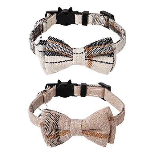 Faleela Breakaway Cat Collar with Bells - 2 Pack Cat Collar with Bells, Cat Collars with Bandana, Accessories for Pet Collars, Adjustable for Cats and Small Dogs (Beige+Brown) - color: beige+brown