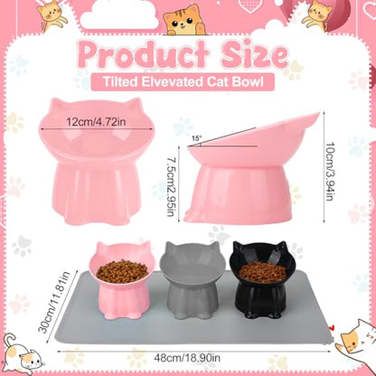 3 Pcs Elevated Cat Bowls 15°Raised Cat Food Bowl with Silicone Mat Whisker Friendly Anti Vomiting Cats Dishes Pet Food and Water Bowls for Indoor Cats Kittens Classic Pink, Grey, Black Pink, Grey, Bla - color: Pink, Grey, Black