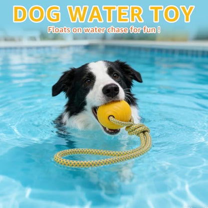 SCENEREAL Floating Dog Pool Toys - Ball on Rope Fetch and Tug-of-War Toy for Medium Large Dogs Outdoor Training, EVA Rubber Water Pet Interactive Toys for Summer Beach, Yellow - color: Yellow