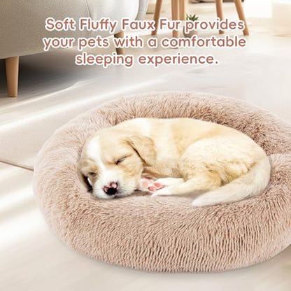 FluffyDream 24 Inch Donut Bed for Dogs, Calming, Brown, Washable, Plush Fur Dog Cuddle Bed - color: Brown, size: Donut - 24''L x 24''W x 8''H
