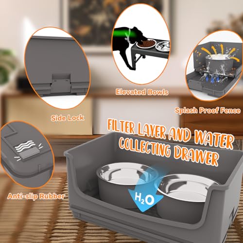 Elevated Dog Bowl Stand Set,Quiet Eating Mess Proof Raised Dog Bowls 2 Stainless Steel Food Bowls,Splash Water Collection Non-Slip Small Cat Feeding Table - color: Grey, size: Small