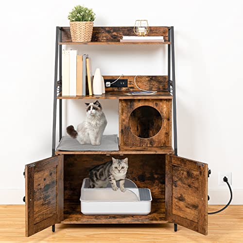 HOOBRO Litter Box Enclosure with 2 Storage Shelves, Tall Litter Box Furniture Hidden with Charging Station, Indoor Hidden Litter Box Furniture with Plush Mat, Rustic Brown and Black BF70UMW01 - color: Rustic Brown + Black