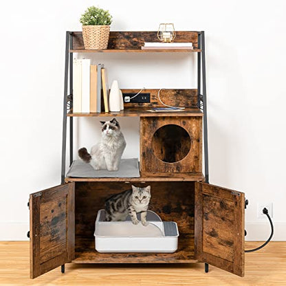 HOOBRO Litter Box Enclosure with 2 Storage Shelves, Tall Litter Box Furniture Hidden with Charging Station, Indoor Hidden Litter Box Furniture with Plush Mat, Rustic Brown and Black BF70UMW01 - color: Rustic Brown + Black