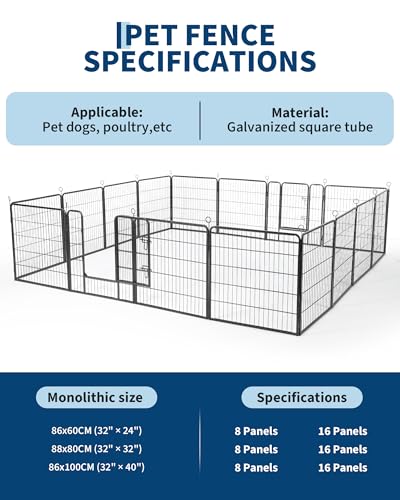 Garvee Outdoor Dog Playpen,Heavy Duty Metal Pet Exercise Pen,32 Inch, 16 Panels Metal Dog Fence with Gate, Pet Fence for Large/Small Dogs, Portable Dog Fence for RV Camping, Yard - size: 32"x32"x 16 pcs