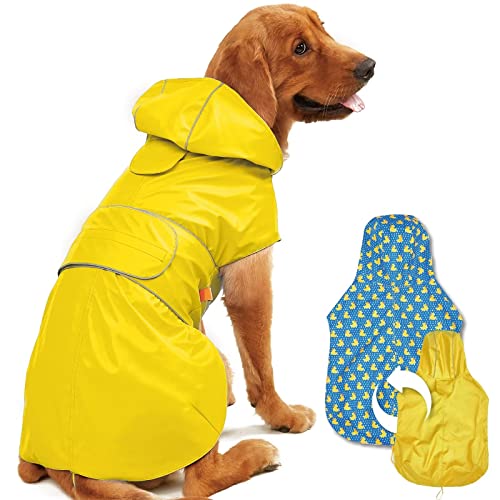 Kimee Dog Raincoat Reversible, Single Side Slicker Poncho Adjustable Waterproof Dog Rain Jacket with Leash Hole/Reflective Stripe Hooded Snowproof Windproof Clothes for Small to 3X-Large Dogs, 3XL - color: Yellow, size: 3X-Large