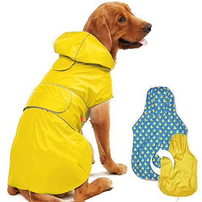 Kimee Dog Raincoat Reversible, Single Side Slicker Poncho Adjustable Waterproof Dog Rain Jacket with Leash Hole/Reflective Stripe Hooded Snowproof Windproof Clothes for Small to 3X-Large Dogs, XL - color: Yellow, size: X-Large