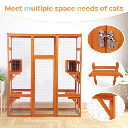 COZIWOW Large Wooden Cat Cage with Perche and Condo, Play Run Enclosure Indoor Kitty Window Kennel with Waterproof Roof&Safety Lock, 7 Platforms & 2 Resting Box, 62.4"L x 32.4"W x 70"H, Deep Orange