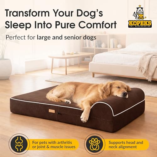 KOPEKS Orthopedic Memory Foam Dog Bed 7" Inch Thick Extra Large Dog Bed With Pillow Brown 50"x34"x10" Includes Waterproof Liner & Durable Removable Cover With Smart Design - color: Brown