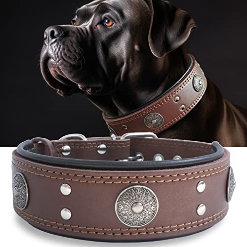 Leather Dog Collar, 2 inches Wide Heavy Duty Genuine Leather Collars, Handmade, Soft, and Luxury, Eye-catching Best Choice for Large and Medium Breed Dogs, Brown 15-19 in - color: Brown, size: 15-19 in