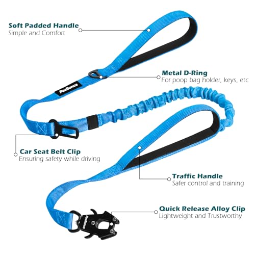 Heavy Duty Tactical Dog Leash, 5 FT Bungee Shock Absorption Leash with 2 Padded Handles, Quick Release Metal Clip, Car Seatbelt, No Pull Training Lead for Large Medium Dogs（Light Blue） - color: Light Blue