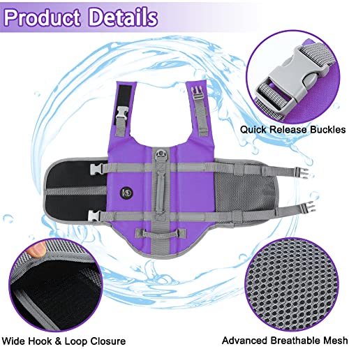 EMUST Dog Life Vests, Adjustable Dog Life Jacket with Rescue Handle, Dogs Flotation Vest for Small/Medium/Large Dogs, XS, Purple - color: Purple, size: XS