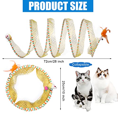 2pcs, Folded Cat Tunnel Spring, 10in Large Size Portable Cat Toy Spiral Tunnel, with Synthetic Feather and Toy Mouse Tunnel Spring Outdoor Puppy Kitten Generic (Striped Yellow, Purple)