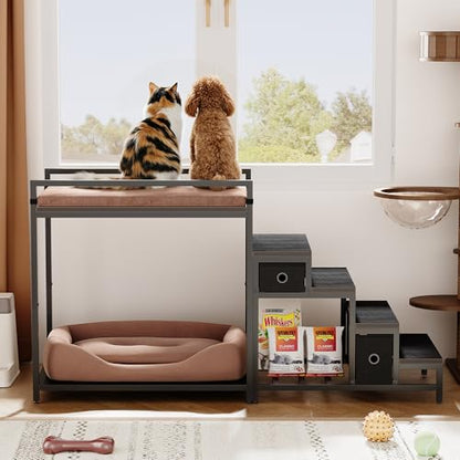 Saudism Pet Bunk Bed with Removable Stairs and 2 Drawers, Dogs/Cats Window Perch, Dog Window Seat with Soft Cushion, Ultra-Shallow Steps, Sturdy Metal Frame, Non-Slip, Load Capacity 60 LBS, Brown - color: Brown+Black