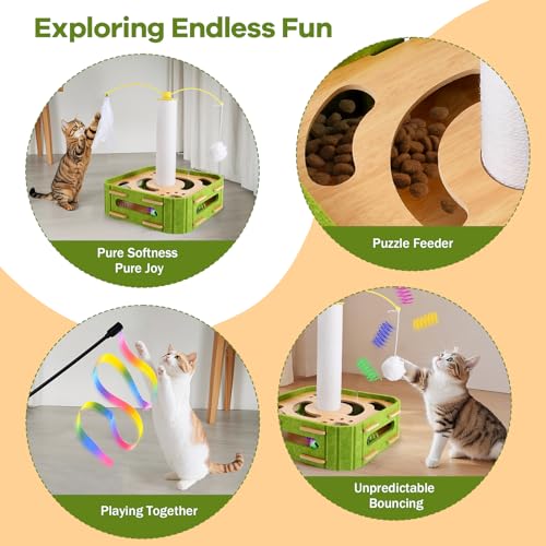 Cat Puzzle Box Toy for Indoor Cats Boredom Relief Interactive Wooden Cat Enrichment Maze with Jingle Balls, Feather Wands & Spiral Springs, Slow Feeder Treat Dispenser for Kittens & Adult Cats - size: Large