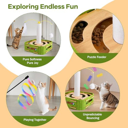 Cat Puzzle Box Toy for Indoor Cats Boredom Relief Interactive Wooden Cat Enrichment Maze with Jingle Balls, Feather Wands & Spiral Springs, Slow Feeder Treat Dispenser for Kittens & Adult Cats - size: Large