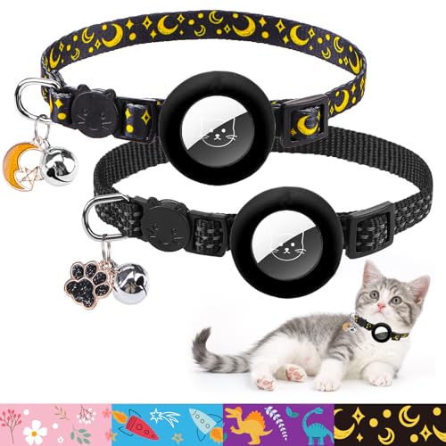 PUPTECK Airtag Cat Collar Breakaway 2 Pack with Bells, Reflective Kitten Collar with Air Tag Holder for Boy Girl Kitty and Puppies, Soft, Black - color: Black(Star&Moon)