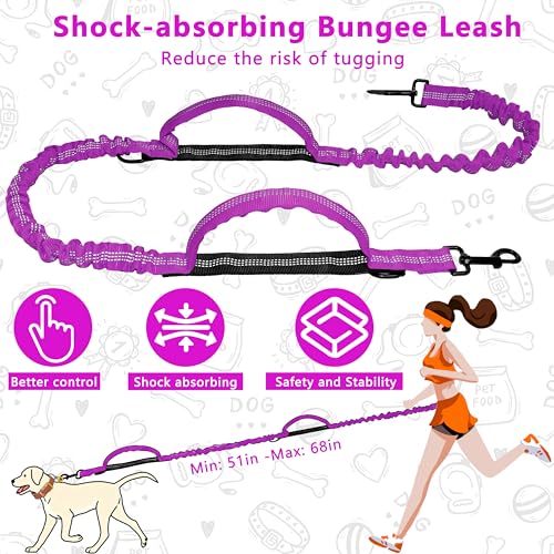 Hands Free Dog Leash with Zipper Pouch, Running Waist Leash for Dog Walking, Adjustable Waist Belt for Large Dogs, Reflective Bungee Design with Two Handle for Hiking, Training, Rose Red - color: Rose Red