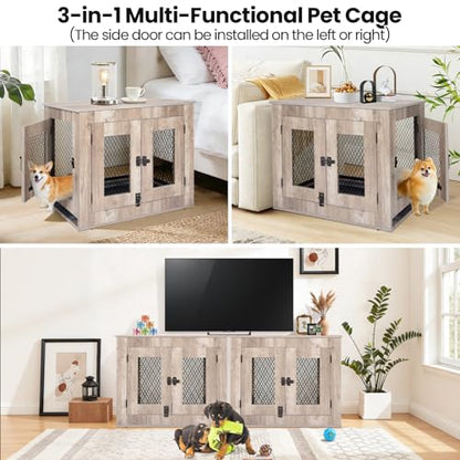 Agitree Wooden Dog Crate Furniture - Wire Mesh Door Decorative Dog Kennel End Table for Puppies, Cats, Rabbits - Indoor Use for Living Room, Bedroom(Gray) 25.59×18.58×21.61 inches