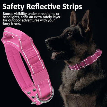 Tactical Dog Collar with Control Handle, Military Adjustable Pet Collar Reflective Heavy Metal Buckle Dog Collar, Soft Nylon Training Collar for Medium Large Dogs (Rose Red, X-Large) - color: Rose Red, size: X-Large