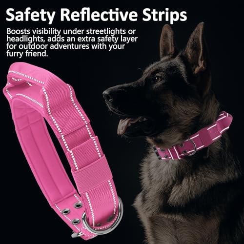 Tactical Dog Collar with Control Handle, Military Adjustable Pet Collar Reflective Heavy Metal Buckle Dog Collar, Soft Nylon Training Collar for Medium Large Dogs (Rose Red, Medium) - color: Rose Red, size: Medium