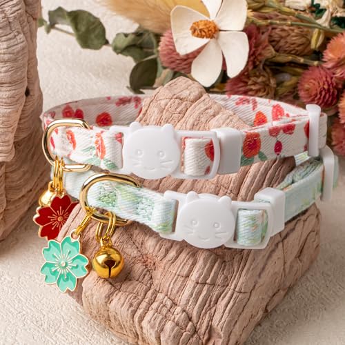 2 Pack Cotton Breakaway Cat Collar Green and Red Flowers Pendant Cute Kitten Cat Collar with Bell - color: Green&Red