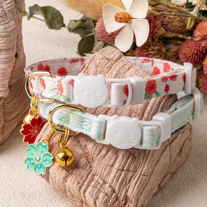 2 Pack Cotton Breakaway Cat Collar Green and Red Flowers Pendant Cute Kitten Cat Collar with Bell - color: Green&Red