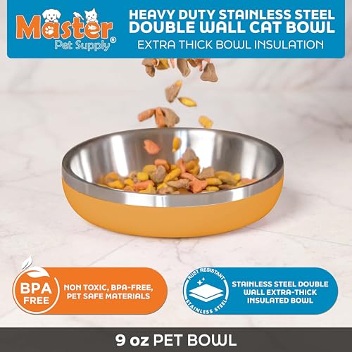 Master Pet Supply Stainless Steel Cat Bowls - 9 oz Heavy Duty - Mango Tango, Double Wall Extra-Thick Insulated, Non-Slip Pet Water Bowl for Cats & Pets, Anti Rust Metal, Dishwasher Safe - color: Mango Tango