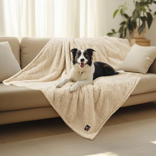 Luciphia Waterproof Pet Blanket for Medium Large Dogs Soft Cat Sherpa Calming Thick Cover Leakproof Cozy Puppy Sofa Bed Car Couch Protector(Beige,63x50 inches) - color: Beige, size: 63x50 inches