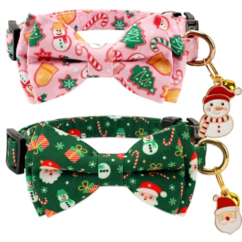 2 Pack Cotton Cat Collar with Bow Tie and Bell for Girl Boy Cats,Cute Pink Flamingo and Blue Whale Pattern Spring Summer Breakaway Cat Collar for Male Female Cats (Santa Claus & Snowman) - color: Santa Claus & Snowman