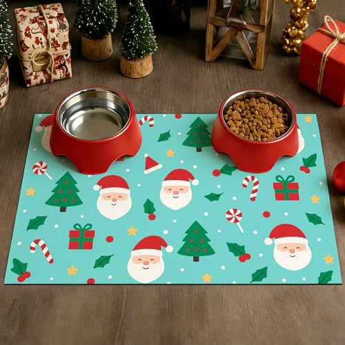 HOMETITUTE Cute Christmas Themed Pet Food Mat Green Santa Print Dog Feeding Mat Non Slip Mats for Cat Food and Water Bowls 20" x 12" Dog Bowl Mats Pets Placemat Easy Clean Christmas Pet Supplies - color: Green