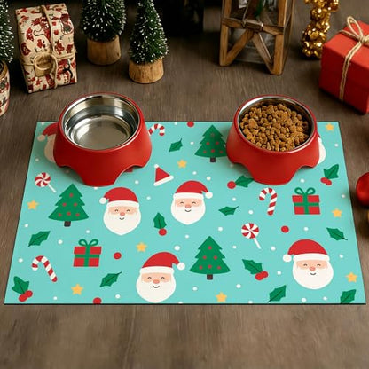 HOMETITUTE Cute Christmas Themed Pet Food Mat Green Santa Print Dog Feeding Mat Non Slip Mats for Cat Food and Water Bowls 20" x 12" Dog Bowl Mats Pets Placemat Easy Clean Christmas Pet Supplies - color: Green