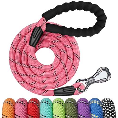 NTR 8FT Heavy Duty Dog Leash, Red Rope Dog Leash with Swivel Lockable Hook and Comfortable Padded Handle, Cat Puppy Leash Lead for Small Medium Large Dogs Training, Playing, Camping,or Backyard - color: Pink, size: 8ft*1/2"
