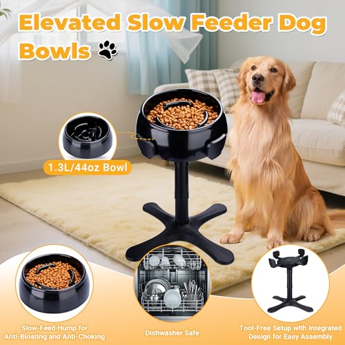 Elevated Slow Feeder Dog Bowl Adjustable Stand,Tilted ABS Base,Fits 5.5-9.5" Bowls, Anti-Spill & Non-Slip, Heavy Duty for Med/Large Dogs(with Round Bowls) - size: C -Slow Feeder Dog Bowls