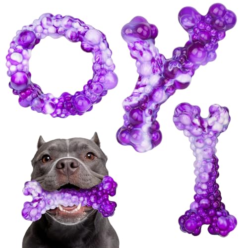 3Pack Dog Chew Toys for Aggressive Chewers, Indestructible Interactive Dog Chew Nylon Bone Toys for for Medium Large Breed 15-60lbs, Teething Toy to Keep Them Busy, Bacon Flavor (Purple) - color: Purple