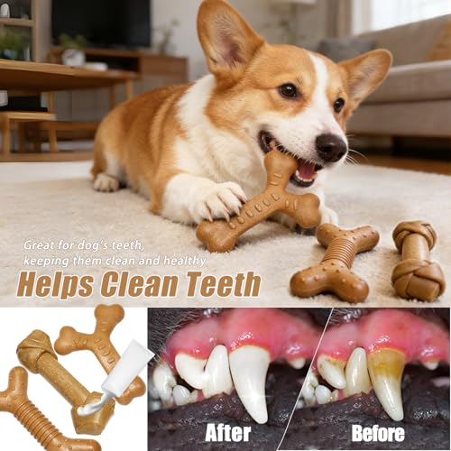 Dog Chew Toys for Aggressive Chewers, 3 Pack Nylon & Wood Teething Bone Toy Set with Chicken Flavor, Durable Tough Bones Chewing Toys for Medium & Large Dogs - style: 3Pack-Large