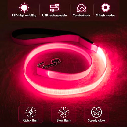 LED Dog Leash with Light - 4 Feet, Rechargeable, Nylon Webbing, Glow Safety Standard Dog Leash (Pink) - color: Pink, size: 4 Feet