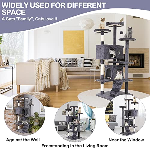 Go Pet Club 70'' Tall Multi-Level Cat Tree with Scratching Post, Stand Platform, Cat Condo, Tower and Funny Toy for Medium Indoor Cats - color: Light Gray