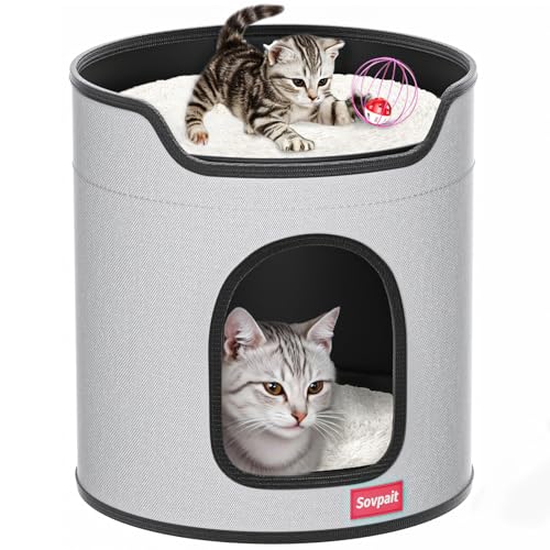 Cat House for Indoor Cats Large Double Cat Beds Cave with Cat Scratcher Pad Toys w/Catnip,Soft Washable Cushion Cat House Shelter D15xH15in Grey (Metal Cage Balls+5mm Pad) - color: Gray, size: Metal Cage Balls+5mm Pad