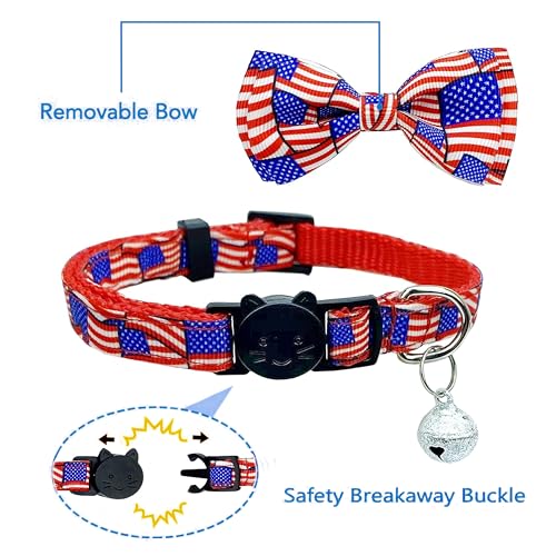 4th of July Cat Bow Tie Collar with Bell, Independence American Holiday Kitty Kitten Patriotic USA Flag Collars for Boys Girls Male Female Cats - color: Pattern 2