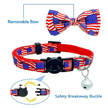 4th of July Cat Bow Tie Collar with Bell, Independence American Holiday Kitty Kitten Patriotic USA Flag Collars for Boys Girls Male Female Cats - color: Pattern 2