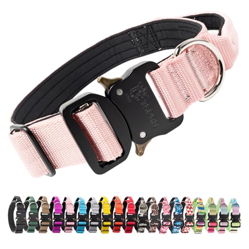 TSPRO Premium Dog Collars Tactical Dog Collar with Handle and Heavy Duty Quick-Release Metal Buckle Durable Thick and Adjustable for Medium to Large Dogs (Pink M) - color: Basic Pink, size: Handle-Equipped M (14.5"-18" Adjustable)