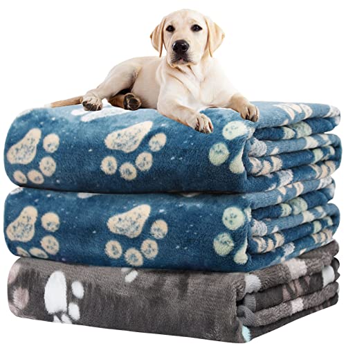 Rezutan Premium Dog Blankets for Large Dogs & Cat Flannel Blanket Washable, Soft Pet Throw Cover for Kennel Crate Bed, Sofas, Cute Paw Pattern,41x31 inch,1Gray & 2Blue - color: Blue 2pack+ Gray 1pack, size: Large,41x31inch