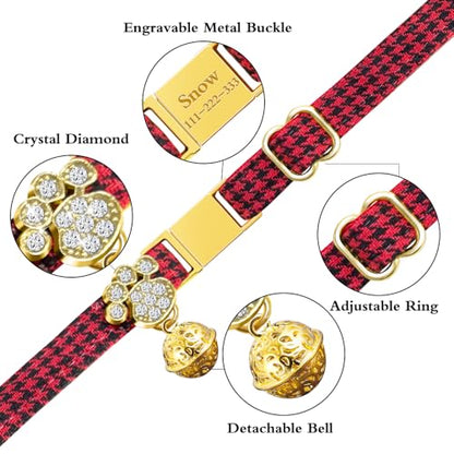 Personalized Breakaway Cat Collars - Magnetic Buckle, Bell - Safety Quick Release, Customized for Girls & Boys Cats- (Houndstooth-Red) - color: Houndstooth-Red