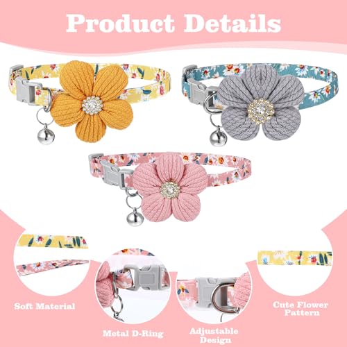 TIESOME 3Pack Small Dog Collar with Flower, Cute Puppy Collars Dog Collars for Small Dogs with Bell for Female Puppy (Peach, Yellow, Peacock Blue)