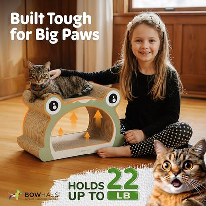 BOWHAUS Frog Style Cat Scratching Board, Cat Scratcher Lounger with Play Ball for Indoor Cat, Durable & Long-Lasting Scratching Board Cardboard, Furniture Protector Scratching Pad