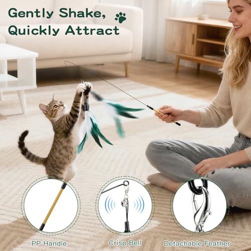 Pawaboo Feather Teaser Cat Toy, Interactive Feather Wand Cat Toy Flying Feather Cat Catcher with Extra Long 34.5" Wand and Small Bell, Fun Exerciser Playing Toy for Kitten or cat, White & Green - color: White & Green