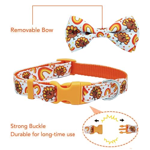 Thanksgiving Dog Collar with Bow Tie,Turkey and Rainbow Pattern Holiday Pet Collar Set for Small Medium Large Dogs, Adjustable Festive Fall Puppies - color: Thanksgiving Turkey, size: Medium-(12.5-20") Neck * 3/4" Wide