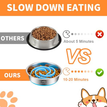 2-in-1 Metal Dog Bowl with Slow Feeder Insert, Stainless Steel Dog Bowls Food Grade 304, Water Food Bowl with Anti-Slip Silicone Base for Small, Medium, Large Dogs - color: Light blue, size: 2 Cups