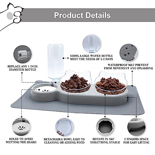 Triple Cat Bowls with Water Dispenser, Pet Whisker Friendly Water and Food Bowl Set with Non-Slip Mat, 15° Tilted Double Feeding Bowls, Elevated Wet and Dry Food Dish for Kitten&Small Dog (Grey) - color: Grey